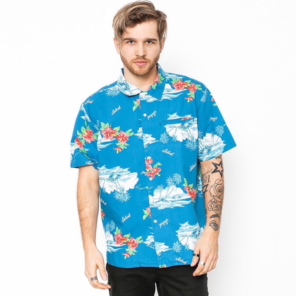 #64 BRIXTON | Hawaiian Hibiscus Floral Buttonup Short Sleeve Shirt - MEn's Large
